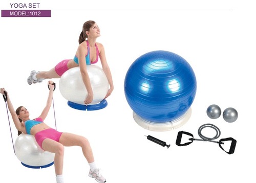 Yoga Set - 65cm Blue Gym Ball, Weighted Balls 2lb x2, Resistance Band, Pump, Base | Full Body Workout, Balance, Flexibility, Core Strengthening