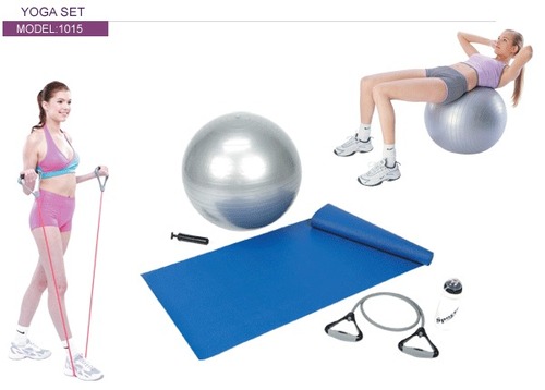 YOGA SET - 65cm Gym Ball, 68x24x3.5mm Blue Mat, 600cc Bottle | Full Body Workout, Portable Home Fitness Kit