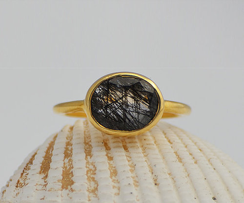 925 Sterling silver Black Rutile Gemstone Ring- Vemeil Gold
