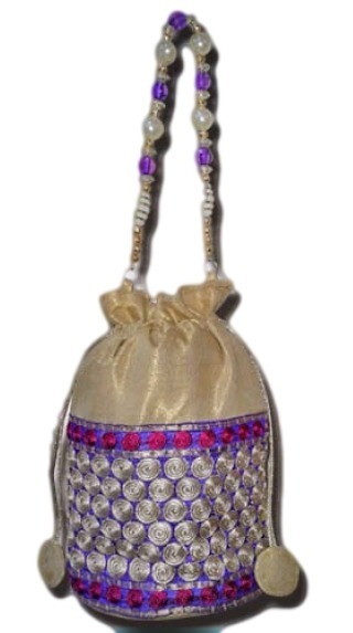 POTALI - Fancy Brocade Gold, Drawstring Closure | Inner Side Pocket, Beaded Chain Handle, Stylish Design