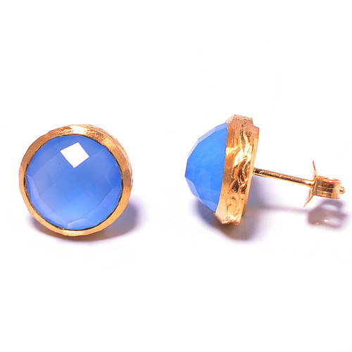 925 sterling Silver Bezel Set Blue Chalcedony Gemstone Stud Earring-Gold Vermeil