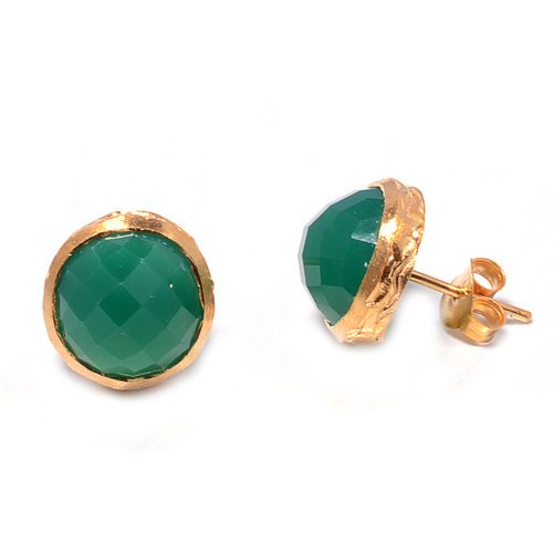 925 sterling Silver Bezel Set Green Onyx Gemstone Stud Earring-Gold Vermeil