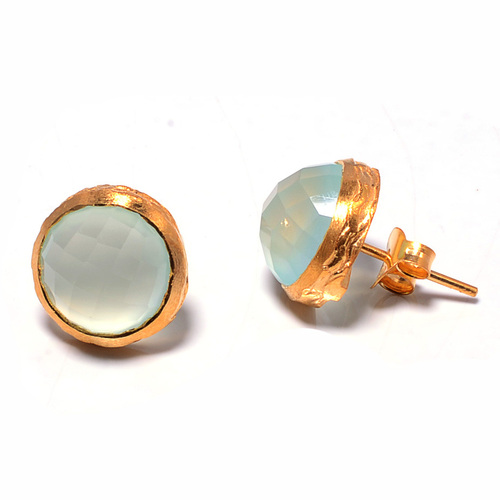 925 sterling Silver Bezel Set Aqua Chalcedony Gemstone Stud Earring-Gold Vermeil