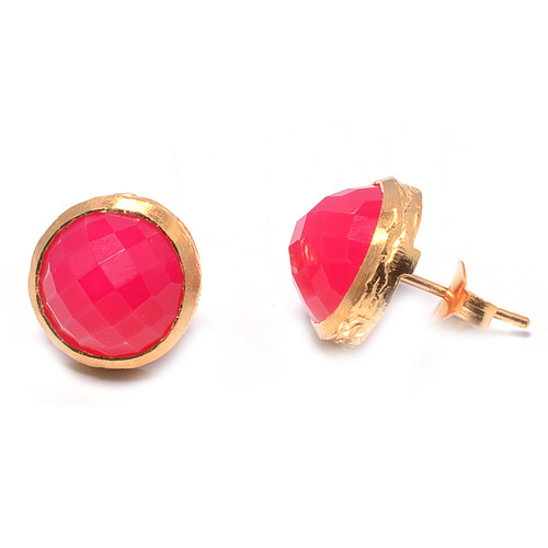 925 sterling Silver Bezel Set Pink Chalcedony Gemstone Stud Earring-Gold Vermeil