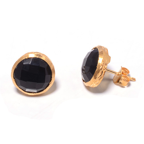 925 Sterling Silver Black Onyx Stud Earrings 8-10mm, Gold Vermeil Bezel Set, Handmade