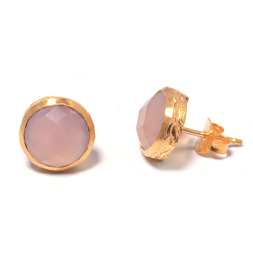 925 sterling Silver Bezel Set Pink Chalcedony Gemstone Stud Earring-Gold Vermeil