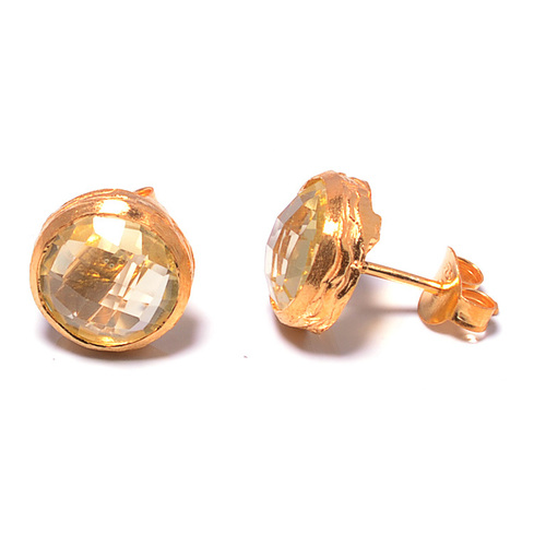 925 sterling Silver Bezel Set Golden Topaz Gemstone Stud Earring-Gold Vermeil