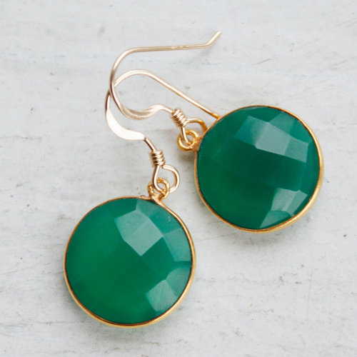 925 Sterling Silver Drop Earrings 10-12mm Green Onyx Bezel Set, Gold Vermeil, Handmade Elegant Design