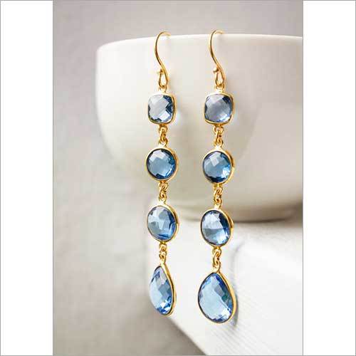 925 Sterling Silver Gold Vermeil Blue Topaz Drop Earrings - 50-60 mm, Handmade Elegant Bezel Set