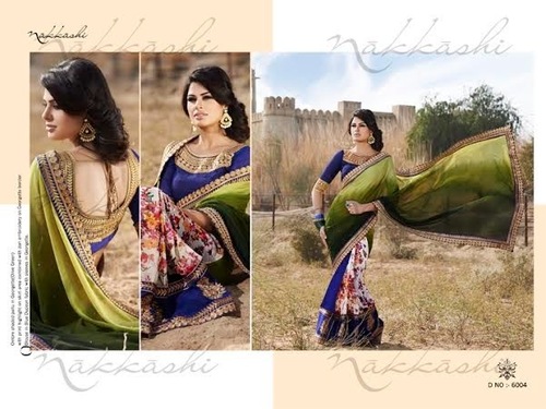 Blue And Green Designer Embroidered Sarees