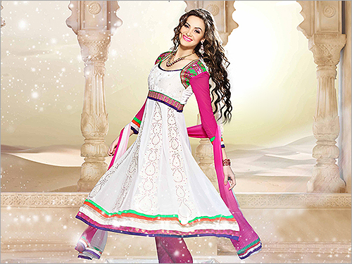 White And Pink Traditional Anarkali Suits