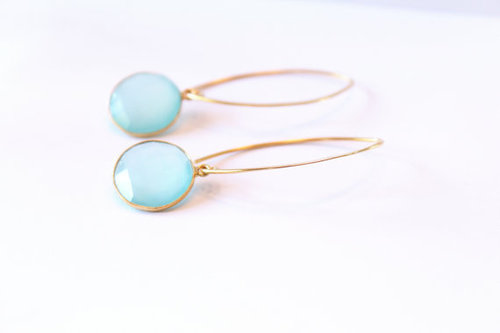 925 Sterling Silver Gold Vermeil Aqua Chalcedony Drop Earrings - Bezel Set, Handmade Polished Finish