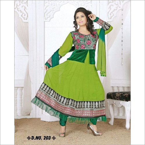 Georgette Anarkali Suit - Georgette, 42" Size, Green | Floral Embroidery, Full Stitched, Elegant Floor-Length