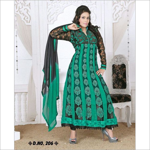 Georgette Anarkali Suit - Georgette, 42" Size, Green | Full Stitched, Embroidered, Floor Length, Long Sleeves, Comfortable Fit