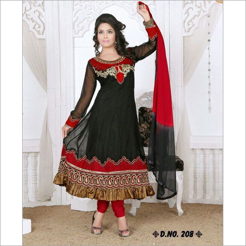 Georgette Anarkali Suit - Georgette, 42" Size, Black | Elegant Style, Full Stitched, Intricate Embroidery