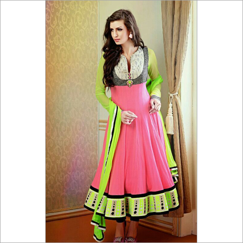 Georgette Anarkali Suit - Georgette, 42" Size, Pink | Embroidered, Full Stitched, Ankle Length, Comfortable Fit