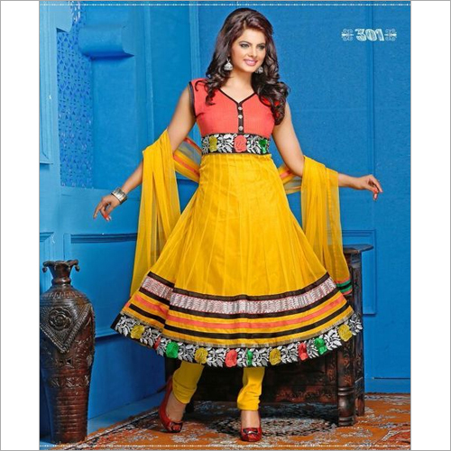 Net Anarkali Suit - Net, 42" Size, Yellow | Elegant Design, Embroidery Work, Floor Length, Sleeveless, Comfortable Fit