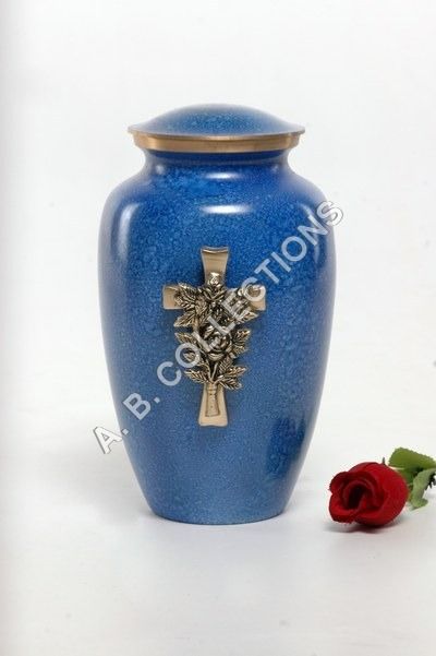 Blue Glossy Silver Cross With Rose Metal Classic Funeral Urn