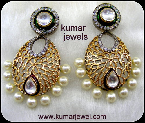 Mughal Pearl Earrings - Gold, 2x1 Inch, Kundan Set | Cubic Zirconia, Pearl Accents, Antique Party Wear Dangle