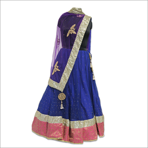 Party Wear Lehenga - Net and Shantoon, Royal Blue with Pink and Golden Border, Golden Flower Embroidery, Lightweight Comfortable Durable Design