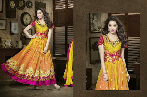 Yellow Anarkali Suits - Silk Blend, 54 Inches, Yellow | Handcrafted Embroidery, Elegant Design, Comfortable Fit