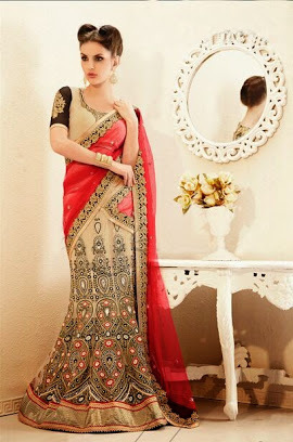 Designer Bridal Sarees - Silk Blend, 5.5 Meters, Beige | Handcrafted Zari & Beads Embroidery, Elegant Design, Customizable Size