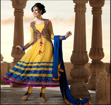 Designer Anarkali Suits - Silk Cotton, 54 Inches, Yellow | Hand Machine Embroidery, Zari Resham Work