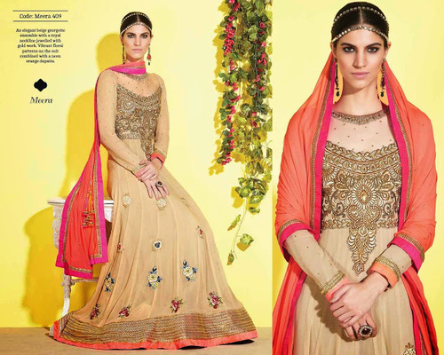 Designer Anarkali Suits - Net, Floor-Length, Beige | Heavy Embroidery, Elegant Design, Semi-Stitched, Custom Size