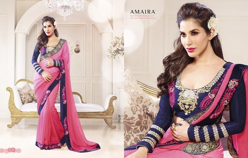 Heavy Embroided Saree - Georgette Jacquard, Pink Velvet Blouse, Stone Embellishments | Intricate Embroidery, Elegant Design, 5.5 Meter Length
