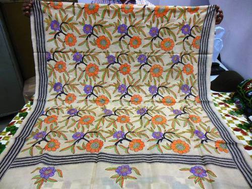 Kantha Work Silk Dupattas Noksi - Silk, 45x45 Inches, Off-White | Handcrafted Kantha Embroidery, Floral Design, Elegant Style, Luxurious Feel