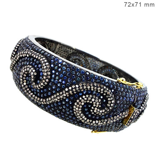 Blue Sapphire Diamond Gold Bangle - 14k Gold, 72x71 mm, Blue | Elegant Luxury Bangle, Precious Stones, Gift Ideal