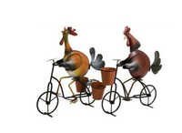 Designer Garden Accessories [animal Figurine] - Metal, Animal-shaped Multicolor Roosters On Bicycles | Smooth Painted Finish For Decorative Touch
