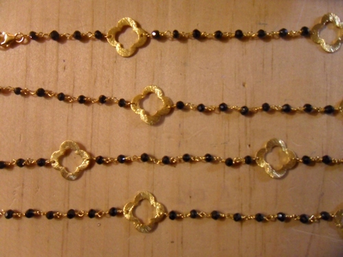 Black Onyx Beaded Chain With Gold Quatrefoils