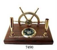 Brass & Wood Ship Wheel Compass Pen Holder