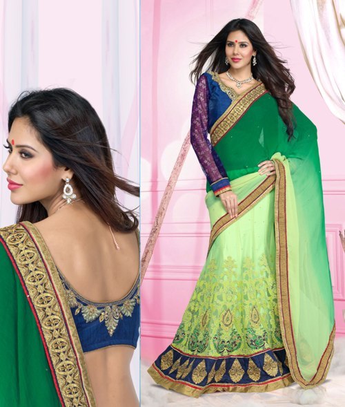Beautiful Embroidered Lehenga Saree - Net, Chiffon Fabric, Blouse XX-Large (44), 6.30 Mtrs Saree Length | Embroidered, Patch Work, Stone Work, Party and Wedding Wear