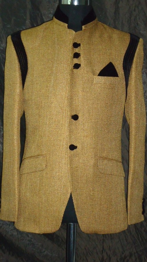 2js1398-08 - Polyester Blend, Multiple Sizes, Gold | Mandarin Collar, Button Closure, Two Pockets, Long Sleeve, Stylish Look