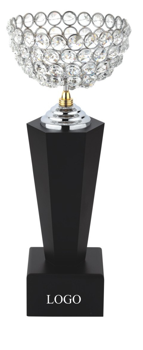 Trophy - Crystal and Wood, 12 Inches, Black Square Base | Award Recognition, Crystal Accents, Customizable Logo