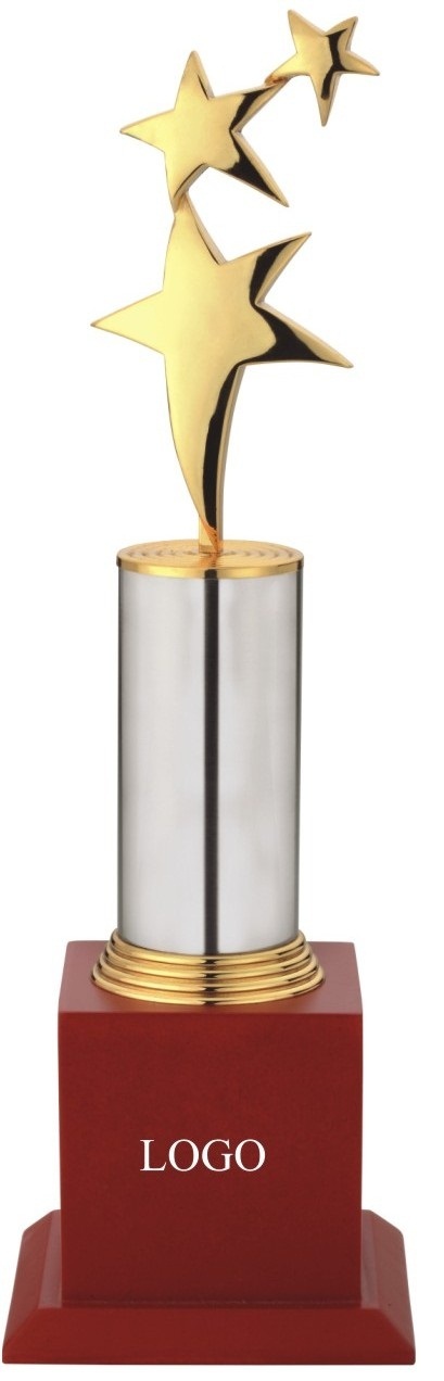 Trophy - Metal and Wood, 12.5 Inches, Gold | Star Design, Polished Finish, Customizable Logo, Award Recognition