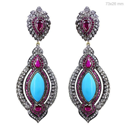 Ruby Turquoise Diamond Gold Earrings