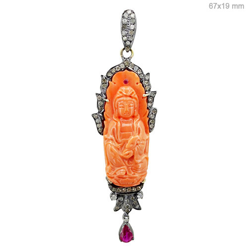 Gold Coral Ruby Diamond Buddha Pendant