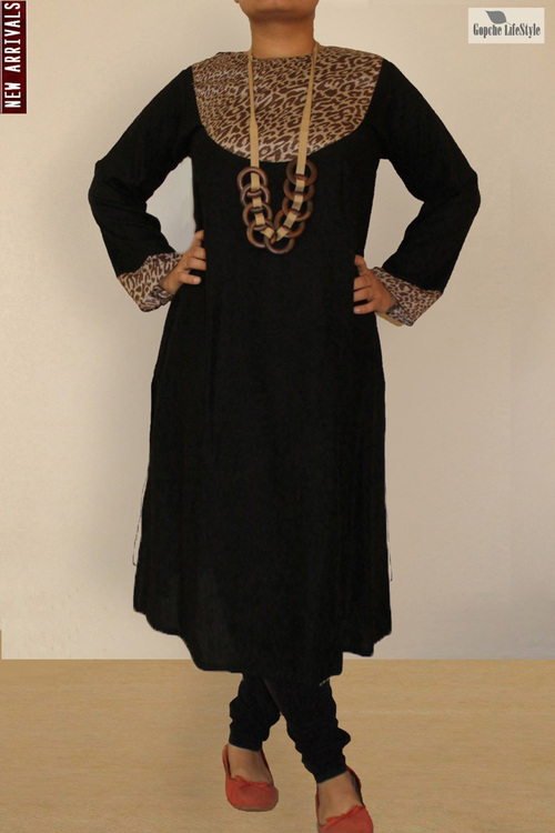 Black Rayon Crepe Women Kurta - 46 Inch, Black | Round Neck, Long Sleeves, Front Patch Work, Comfortable Fit