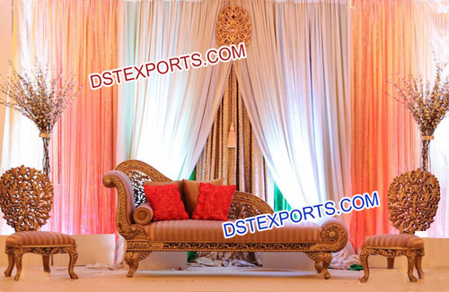 Asian Wedding Mehandi Function Furniture - Treated Wood, Leather Cushions, Gold Plated | Hand Carved, Royal Look, Durable, Elegant Design