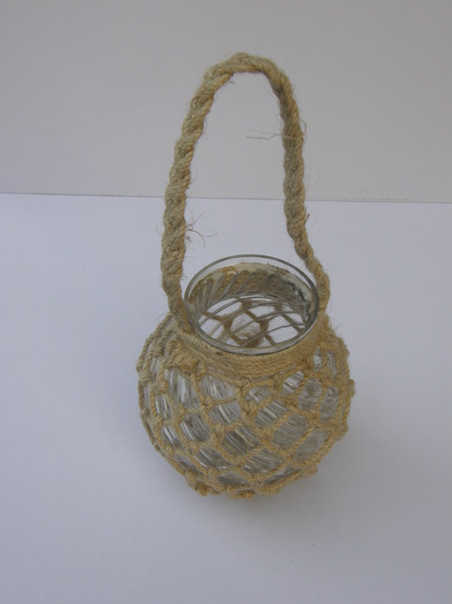 BRAND NEW JUTE ROPE NETTED GLASS JAR NICE CANDLE HOLDER WITH A STURDY ROPE HANDLE By Nautical Mart Inc.