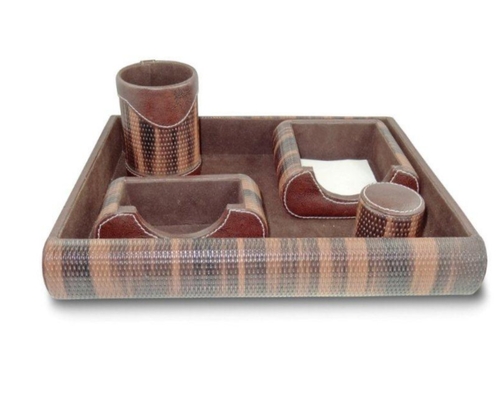 LE1004 - Leather, 6x6x3 Inches, Brown | 6 Compartments, Organized Desktop, Space Saving, Stylish Design