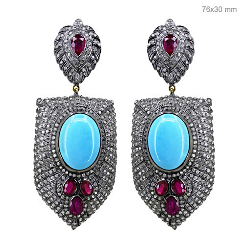 Ruby Turquoise Diamond Gold Earrings