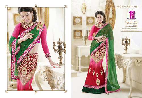 Shalimar Creation - Silk Blend, 5.5 Meters, Red & Green | Embroidered, Partywear, One Minute Saree, Attached Blouse
