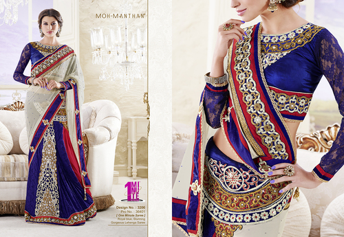 Shalimar Creation - Silk Blend, 5.5 Meters, Royal Blue | Elegant Embroidered One Minute Lehenga Saree