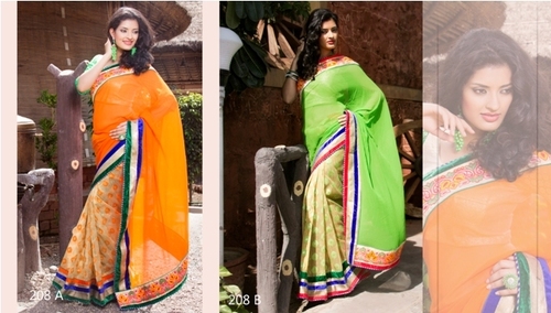 Fancy Bollywood Saree - Silk Blend, 5.5 Meters, Orange | Embroidered Border, Colorfast, Shrink Resistant, Unique Patterns