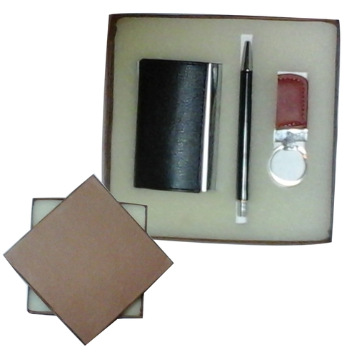 Desktop and Office Utility - Leather & Metal, 4x3x1 Inches | Card Storage, Ballpoint Pen, Metal Keyring, Gift Box