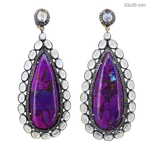 Moonstone Turquoise Diamond Gold Earrings